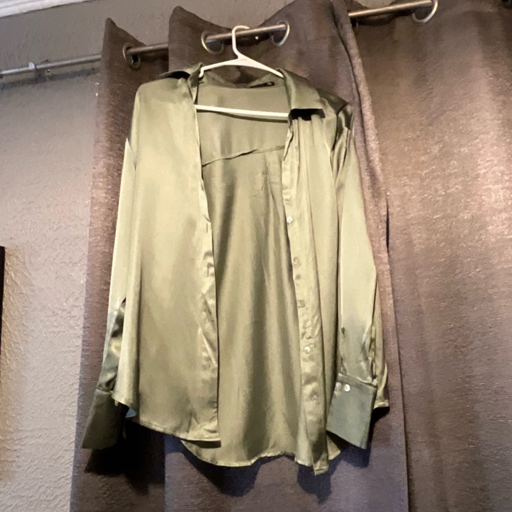 Elegant Women's Olive Satin Button Down Shirt